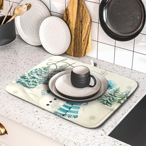 Blue Snowman Dish Drying Mat Xmas Trees Bird Winter Snowy Scene Dish Drainer Mats 16"x18" Microfiber Reversible Dish Drying Rack Pad Protector for Kitchen Countertop Decor