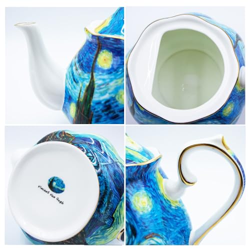 Teapot 30 oz Vangogh Paintings Bone China Loose Tea Pot Floral Design Vintage Ceramic Coffee Water Pot European Style Porcelain (30 Ounce)