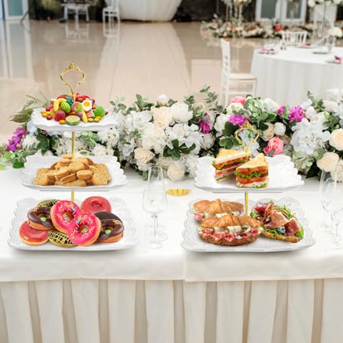 2 Pack 3 Tier White Ceramic Embossed Dessert Cake Tower Stand with Gold Carry Handle (2 Count)