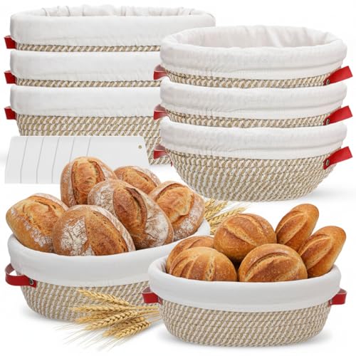 6 Set Cotton Rope Banneton Bread Proofing Basket with Cloth Liner and Plastic Scraper Banneton Dough Sourdough Proofing Bowls Kit for Home Sourdough Bakers (6 Count)