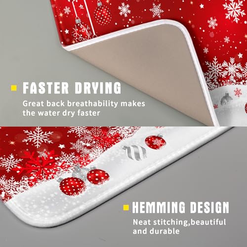 Xmas Balls Dish Drying Mat for Kitchen Countertop Winter Red White Snowflakes Dish Drainer Mats 16x18inch Reversible Dish Drying Rack Pad Protector for Dining Holiday New Year Decor