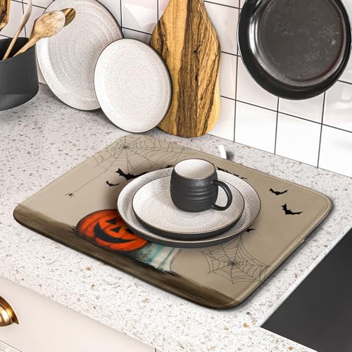 Happy Halloween Black Cat Ghost Dish Drying Mat for Kitchen Counter