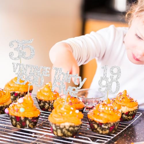 24Pcs Happy 35th Birthday Cupcake Toppers Glitter Thirty Five 35 Fabulous Vintage 1990 Cupcake Picks for 30th Birthday Wedding Anniversary Party Cake Decorations Supplies Rose Gold (24 Count)