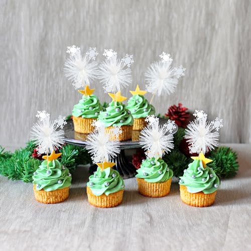20Pcs Foil Firework Cupcake Toppers Sparkle Tinsel Cake Toppers Tinsel Drink Cake Decoration Cocktail Picks for Birthday Wedding Graduation Party Supplies White (20 Count)