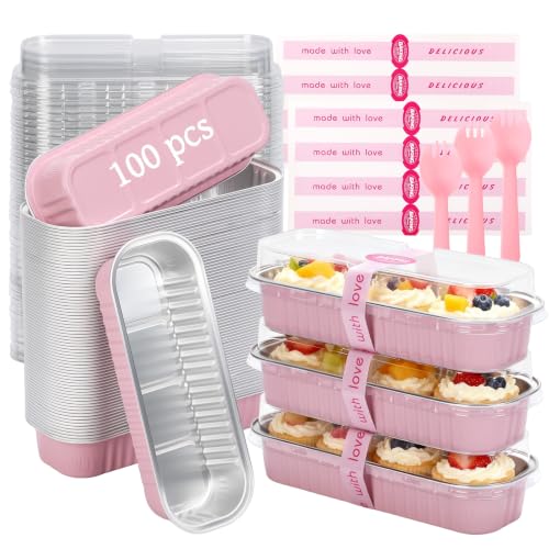 100 Pack 6.8 oz Rectangular Mini Loaf Pans with Lids and Spoons (30 Count)