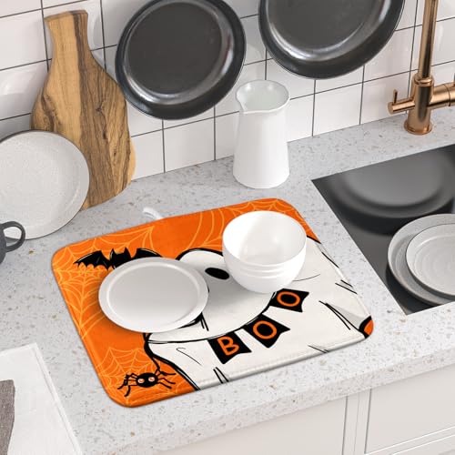 Orange Halloween Dish Drying Mat Spooky Boo Ghost Black Bats Dish Drainer Mats 16"x18" Spider Web Microfiber Reversible Dish Drying Rack Pad Protector for Kitchen Countertop Small Decor