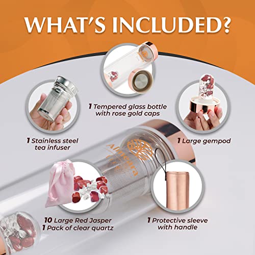 Crystal Water Bottle with Authentic Red Jasper Stones & Clear Quartz Removable Gemstones