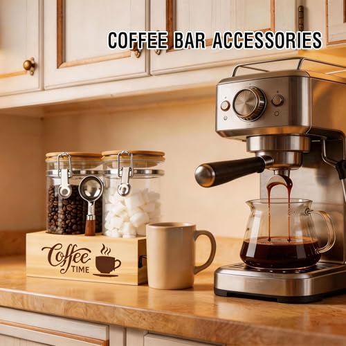 Glass Coffee Canister Set with Shelf & Spoon 2 Piece Coffee Containers for Coffee Bean Storage Airtight Seal