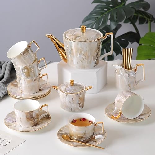 Marble Pattern Porcelain Tea Set with Gold Accents