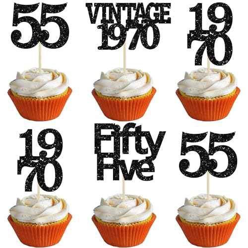 24Pcs Vintage 1970 Cupcake Toppers Glitter Cheers to 55 Fabulous Fifty Five Cupcake Picks 55th Birthday Wedding Anniversary Party Cake Decorations Supplies Black (24 Count)