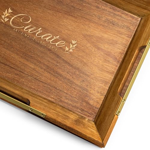 Curate Small Acacia Wood Serving Tray with Handles for Coffee Table