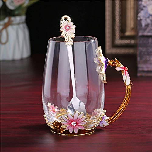 Enamel flower Glass Coffee Mug Tea Cup with Spoon Gifts For Women