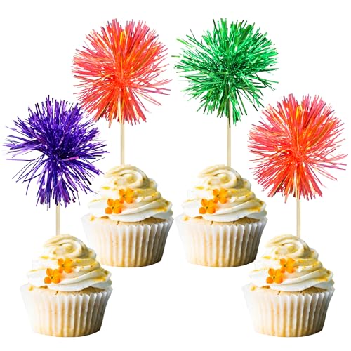30Pcs Foil Firework Cupcake Toppers Sparkle Tinsel Cake Toppers Tinsel Drink Cake Decoration Cocktail Picks for Halloween Birthday Wedding Graduation Party Supplies Purple Green Orange (30 Count)
