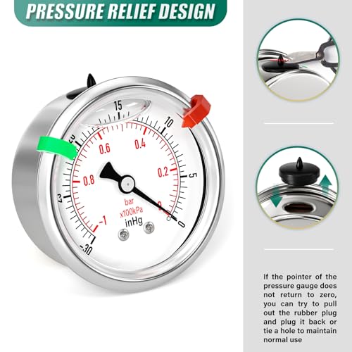 30inHG 0PSI Stainless Steel Glycerin Liquid Filled Vacuum Pressure Gauge 1