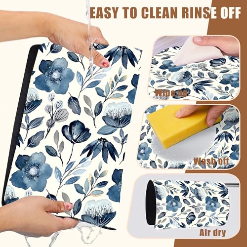 Blue Flowers Dish Drying Mat for Kitchen Counter Coffee Bar Mat Hide Stain Absorbent Coffee Mat with Non