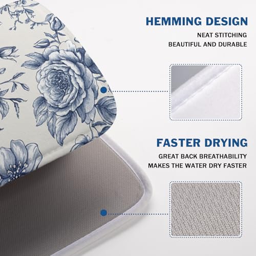 Vintage Floral Dish Drying Mat for Kitchen Counter Blue Floral Chinoiserie Pattern Dish Drying Pad 18x24 In Absorbent French Farmhouse Decor Dishes Drainer Pad Dish Dry Rack Mat for Counter Coffee Bar
