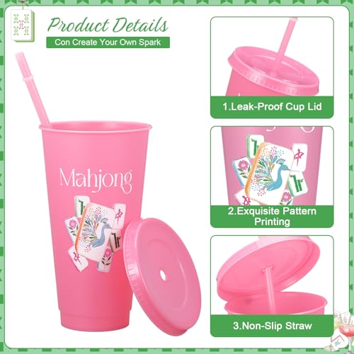 24 Pcs Mahjong Plastic Cups with Lids and Straws 24 oz Funny Mah Jong Tumbler Gifts Reusable Coffee Cups for Mahjong Lover Family Play Day Decorations Accessories Game Night Party Supplies (24 Count)