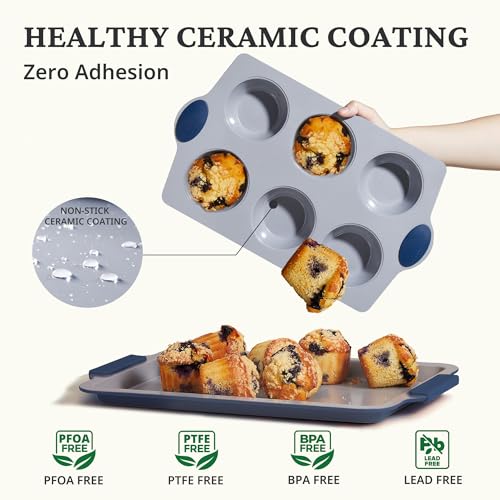 2-Pack 6-Cup Non Toxic Nonstick Ceramic Jumbo Muffin Pan & Cupcake Tin, PFOA & PFOA Free, Rust-Resistant Aluminized Steel, Oven Safe, Blue (2 Count)