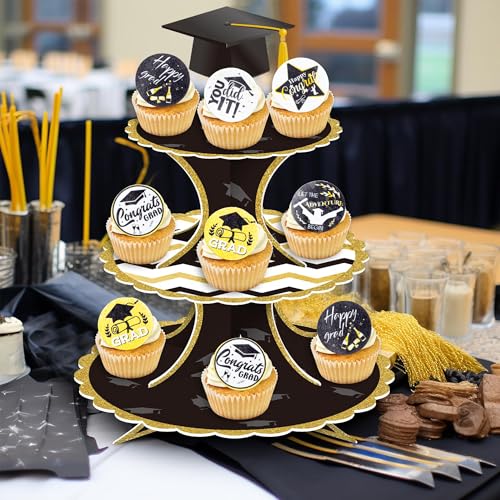 48Pcs Edible Graduation 2026 Cupcake Toppers Wafer Paper Grad Cap Diploma Cake Decoration Picks for 2026 Grad Theme Party Cake Decor Supplies Black Gold (48 Count)