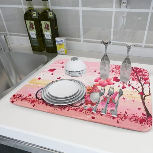 Pink Heart Valentine's Day Gnomes Dish Drying Mat for Kitchen Counter