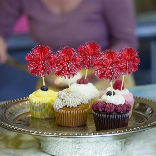 30Pcs Foil Firework Cupcake Toppers Sparkle Tinsel Cake Toppers Tinsel Drink Cake Decoration Cocktail Picks for Birthday Wedding Graduation Party Supplies Dark Red (30 Count)