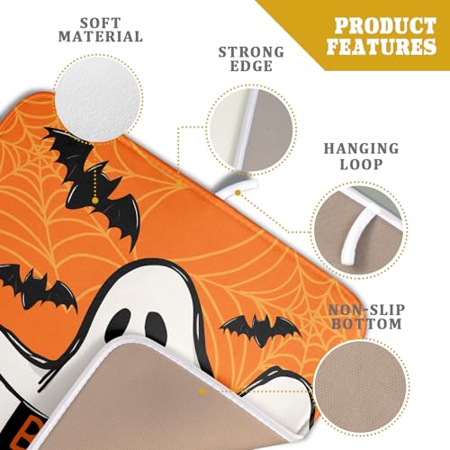 Orange Halloween Dish Drying Mat Spooky Boo Ghost Black Bats Dish Drainer Mats 16"x18" Spider Web Microfiber Reversible Dish Drying Rack Pad Protector for Kitchen Countertop Small Decor