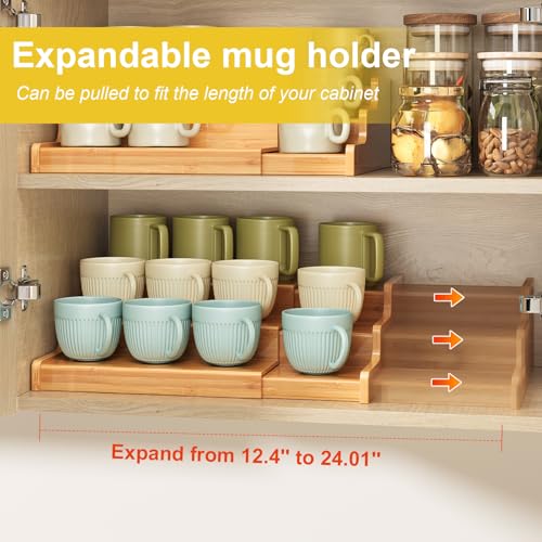 3 Tier Expandable Bamboo Mug Holder For Countertop Coffee Cup Holder Display Mug Organizer Mug Rack for Coffee Bar Organizer Mug Shelf for Cabinet for Kitchen (16 Ounce)