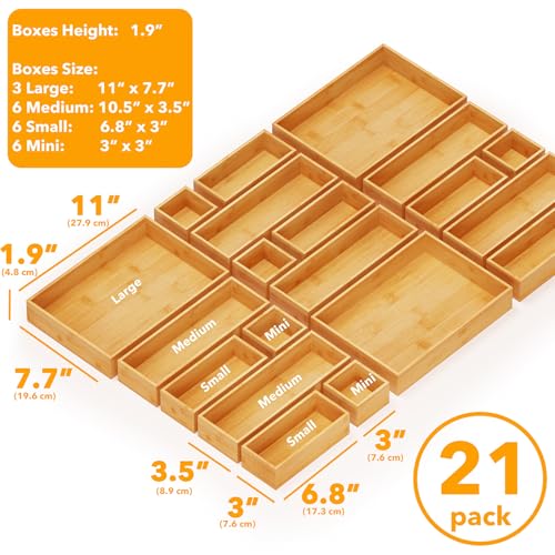 21 Piece Bamboo Drawer Organizer Storage Boxes Set