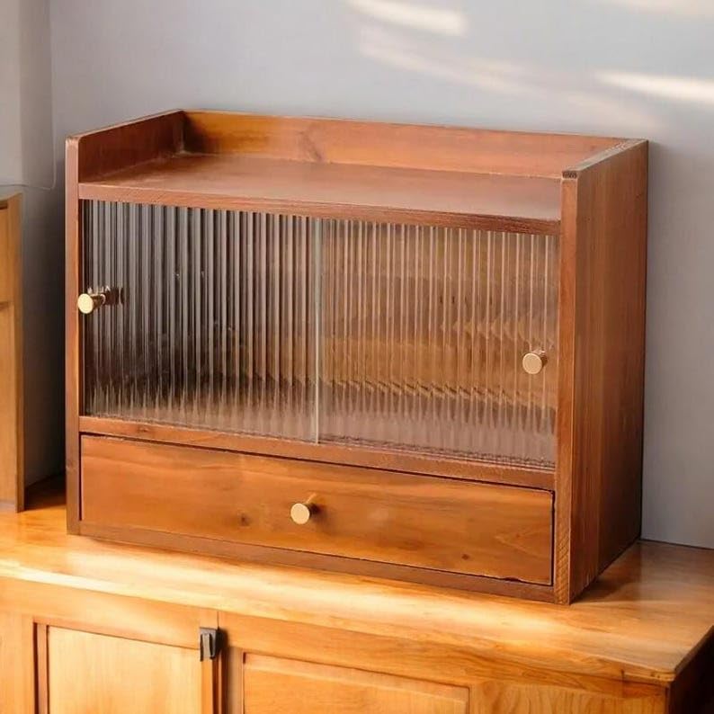 Solid Wood Tea Set Storage Box Desktop Cabinet with Sliding Glass Door Drawer
