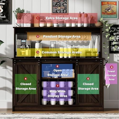 55" Farmhouse Coffee Bar Cabinet with Storage Hutch
