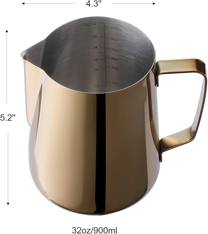 32oz Stainless Steel Milk Frothing Pitcher - Double Measurement Scale, Perfect for Latte Art, SUS304, 900ML Golden