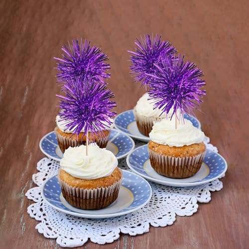 40 PCS Foil Firework Cupcake Toppers Fireworks Cupcake Picks Sparkle Tinsel Cake Decorations Cocktail Fruit Toothpick for Firework Theme Birthday Wedding Graduation Party Decorations Supplies Purple (40 Count)