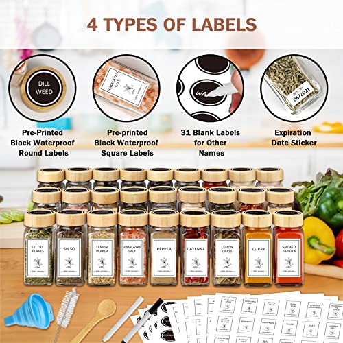 Spice Jars with Labels 36 Pcs 4 oz Glass Bamboo Lids Shaker Set (36 Count)