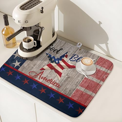 4th of July Dish Drying Mat 18x24 Inch Patriotic God Bless America Memorial Kitchen Mats Independence Day Absorbent Dishes Pad for Kitchen Counter USA Star Drying Mat Home Decor for Countertop