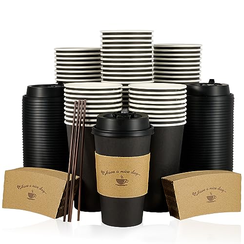100 Pack 16 oz Paper Coffee Cups with Lids