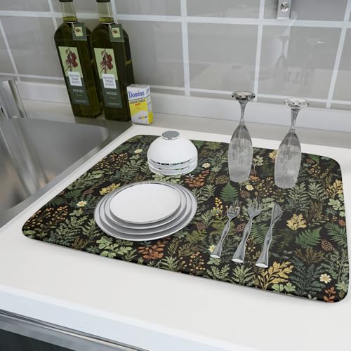 Black Green Botanical Dish Drying Mat for Kitchen Counter 18x24 Inch Super Absorbent Microfiber Kitchen Drying Mat Green Plant Fern Leaves Floral Dish Reusable Washable Dish Drying Pad for Coffee Bar