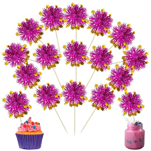 30Pcs Foil Firework Cupcake Toppers Party Birthday Cake Toppers Supplies Sparkle Tinsel Cocktail Fruit Toothpick for Birthday Wedding Graduation Party Purple (30 Count)