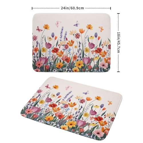 Spring Summer Flowers Dish Drying Mat for Kitchen Counter 18"x24" Colorful Floral Drying Mat Soft Absorbent Microfiber Farmhouse Fluttering Butterfly Dish Drainer Rack Mats for Counter tops