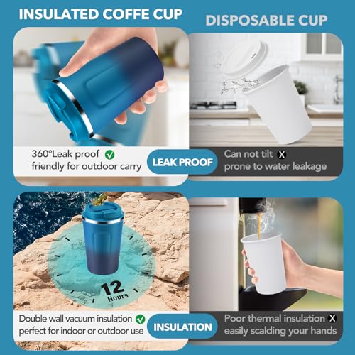 12 oz Double Wall Insulated Vacuum Travel Coffee Mugs with Flip Lid Bulk 2 Pack (2 Count)