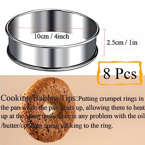 8 Pieces English Muffin Rings 4 Inch Crumpet Rings Stainless Steel Double Rolled Nonstick Metal Round Tart Ring Molds for Cookie Cooking Baking (8 Count)