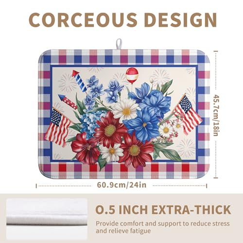Patriotic Floral Dish Drying Mats 4th of July Flowers Dish Mat Blue Red Firework Drying Matt Dishes Dryer Pad for Kitchen Counter Absorbent Microfiber Washable Foldable Reusable 18x24 in