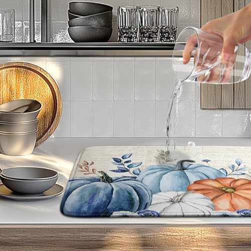 Fall Blue White Pumpkin Dish Drying Mats Thanksgiving Leaves Dish Mat Drying Matt Autumn Floral Dishes Dryer Pad for Kitchen Counter Absorbent Microfiber Washable Foldable Reusable 18x24 in