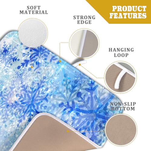 16"x18" Winter Blue Snowflakes Dish Drying Mat Christmas Snow Falling Nature Ice Dish Drainer Mats for Kitchen Microfiber Reversible Dish Drying Rack Pad for Countertop Tabletop Decor