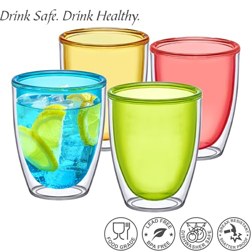 Andes - 14-Ounce Insulated Plastic Tumblers (Set of 4), Double-Wall Plastic Drinking Glasses, Mixed-Color Reusable Plastic Cups, BPA-Free, Shatter-Proof, Dishwasher-Safe (4 Count)