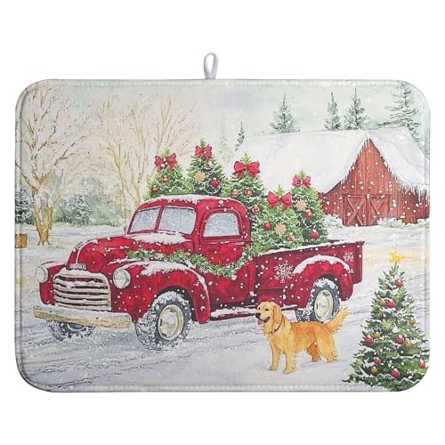 Christma Red Truck Dish Drying Mat Winter Dog Large Kitchen Mats Dish Drying Pad Xmas Tree Vintage Absorbent Dish Dryer Mat for Kitchen Countertops Microfiber Drainer Pad Dish Drying Mats