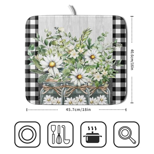 Spring Summer White Daisy Flowers Dish Drying Mat for Kitchen Counter Daisy Spring Flowers Dish Drying Mat 16x18 Inch Absorbent Reversible Microfiber Protector Drainer Mat Dishes Pad for Countertops
