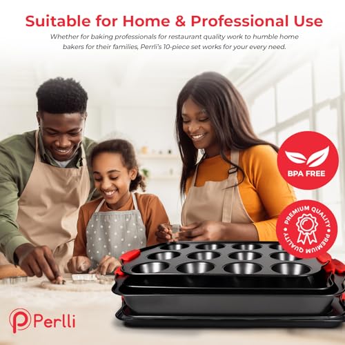 Non-Stick 10-Piece Baking Pan Set, BPA-Free Carbon Steel Bakeware Set with Silicone Handles, Stackable Kitchen Oven Set, Cookie Sheet, Baking Tray, Baking Sheet Set, Oven Safe (446°F) (10 Count)