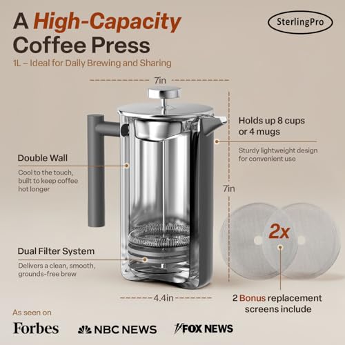 Non Toxic Insulated Stainless Steel French Press Coffee Maker 34oz