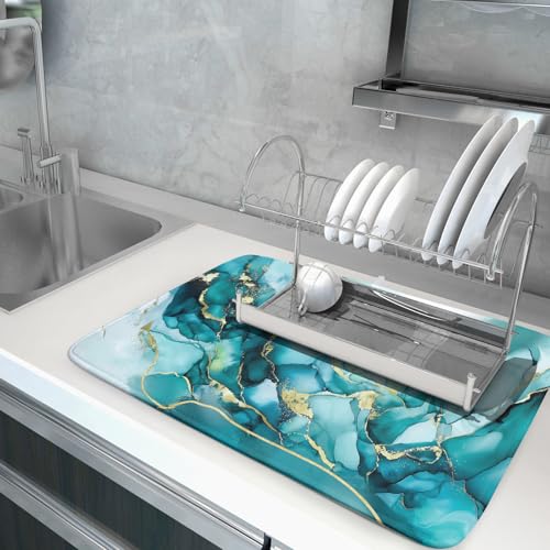 Teal Marble Dish Drying Mat Turquoise Blue Marbling Print Dish Drainer Mats 18"x24" Modern Granite Microfiber Reversible Dish Drying Rack Pad Protector for Kitchen Countertop Decor
