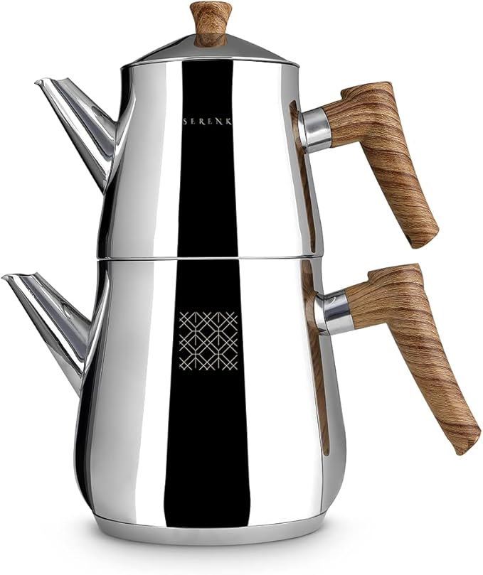 Serenk Definition Stainless Steel Teapot Set, 1L Teapot & 2L Lower Pot, Double-Stacked Design, Induction Compatible, Mirror Polished Finish, Tea Kettle for Home
